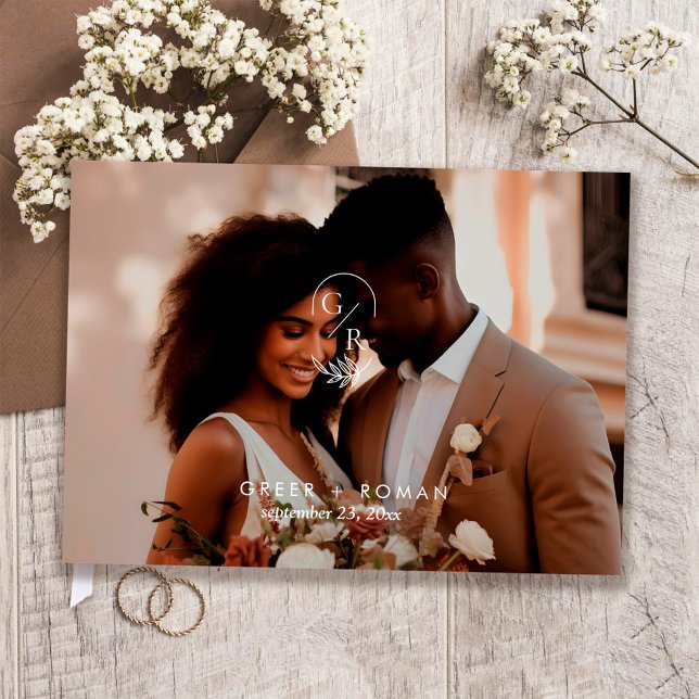 Livro De Visitas Minimalist Monogram Leaf Modern Photo Wedding  (Criador carregado)