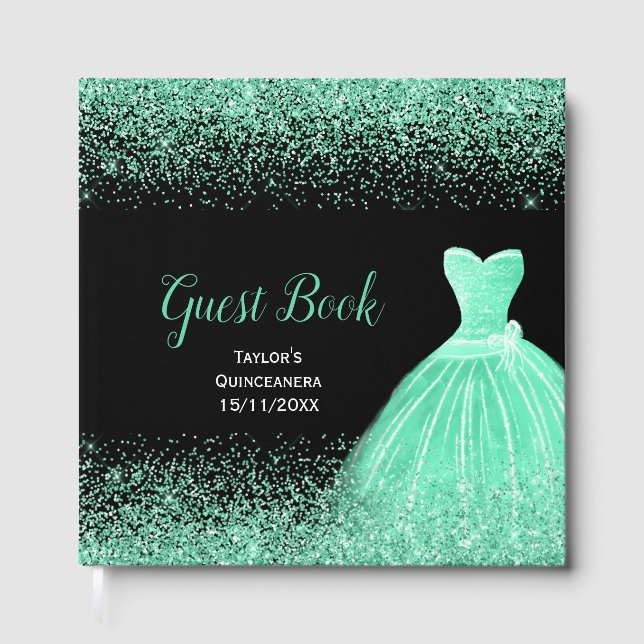 Livro De Visitas Mint Green Dress Faux Glitter Quinceanera (Frente)