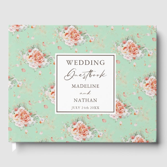 Livro De Visitas Mint Green & Peach Floral Weding Guest Book (Frente)
