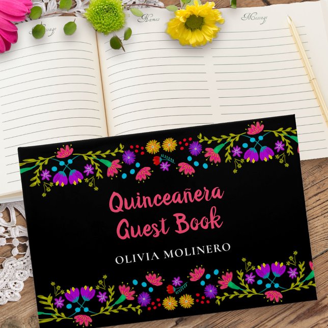 Livro De Visitas Mis Quince Anos Black Mexicano Floral Quinceanera (Quinceanera Guest Book from my Mexican Fiesta Floral collection)