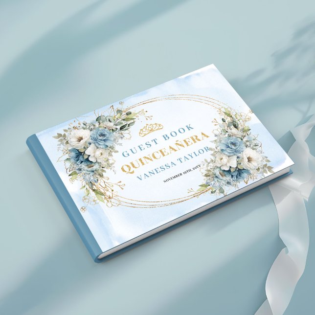 Livro De Visitas Mis Quince Boho Guest Book with Blue Gold Greenery (Mis Quince Boho Guest Book with Blue Gold Greenery)