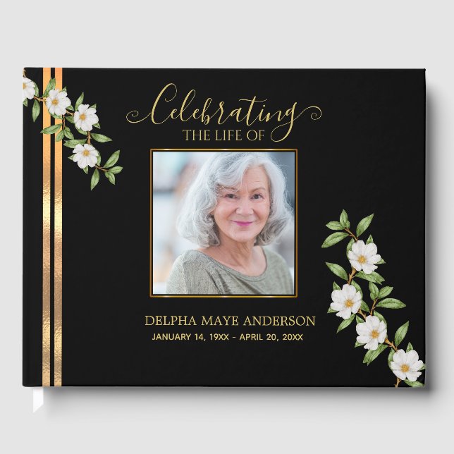 Livro De Visitas Modern Elegant Black and Gold Floral Memorial  (Frente)