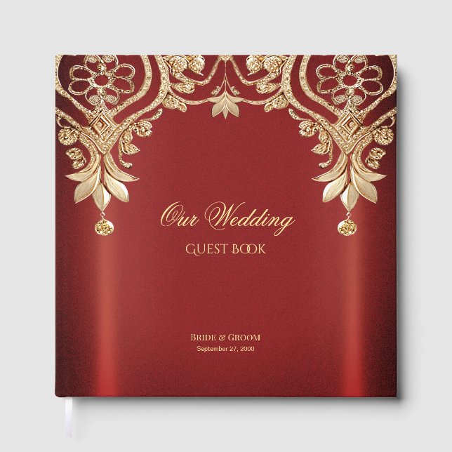 Livro De Visitas Modern Gold Red Floral Guest Book (Frente)