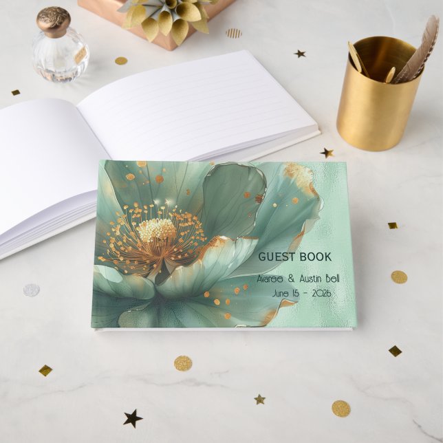 Livro De Visitas Modern Minimalist Emerald and Gold Wedding  (Frente aberta)