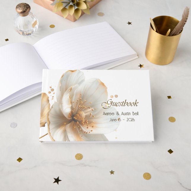 Livro De Visitas Modern Minimalist Gold and White Wedding (Frente aberta)