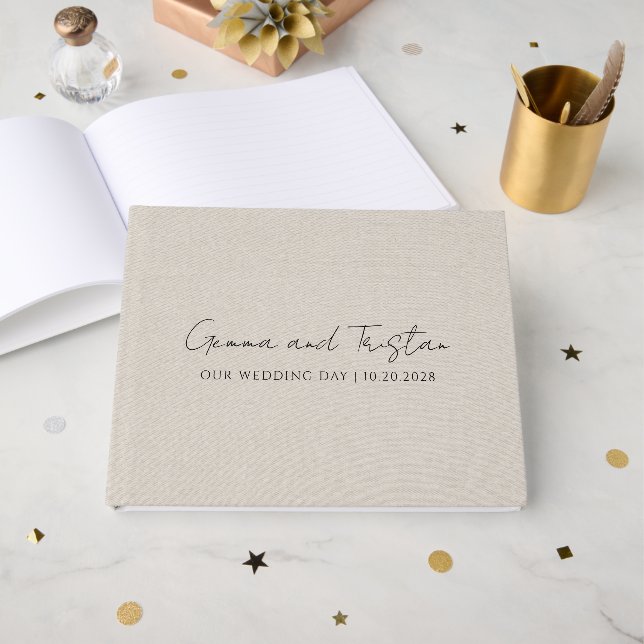 Livro De Visitas Modern Personalized Silver Gray Faux Linen (Frente aberta)