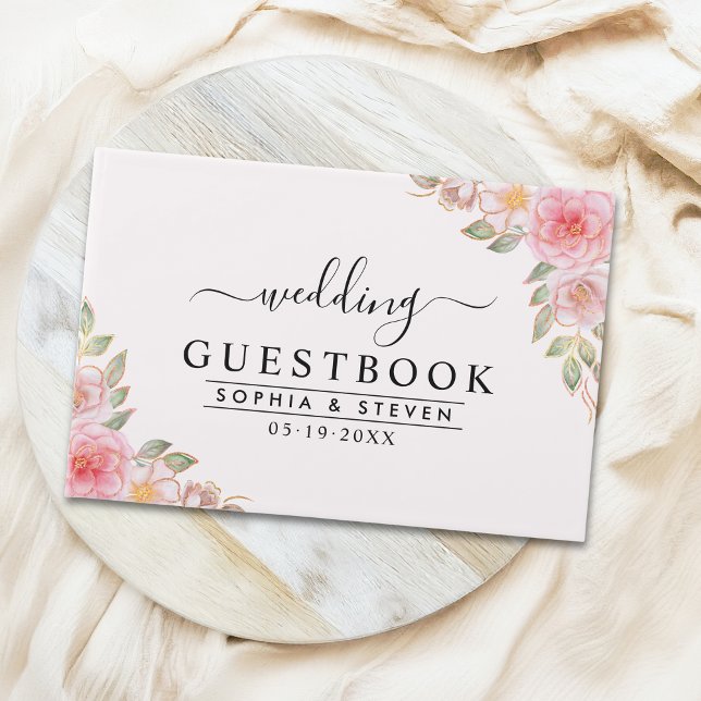 Livro De Visitas Modern Pink Floral Wedding Party with Golden Touch (Criador carregado)