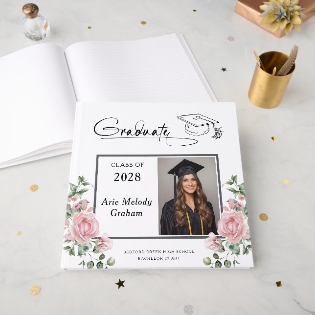 Livro De Visitas Modern Pink Roses Graduation 2 Photo (Frente aberta)