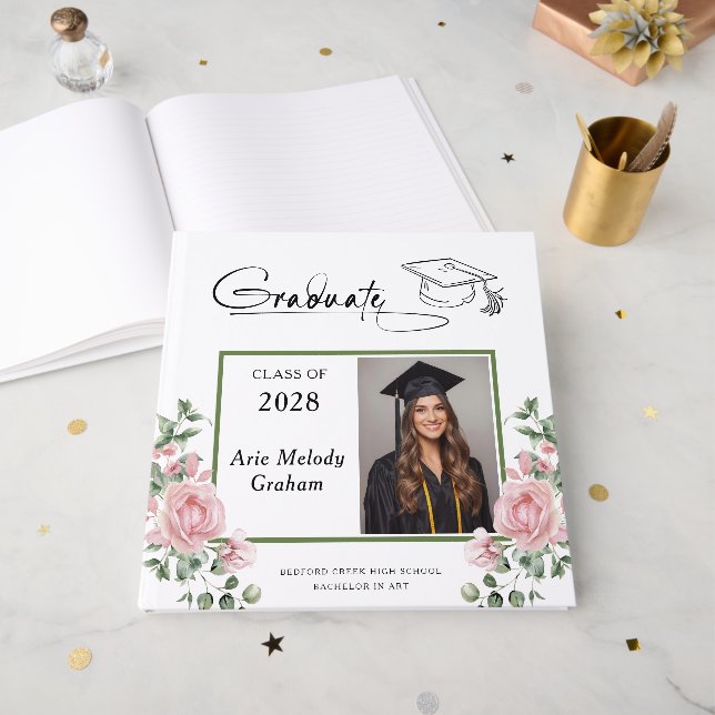 Livro De Visitas Modern Pink Roses Graduation 2 Photo (Frente aberta)