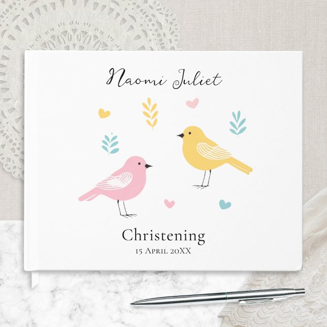 Livro De Visitas Modern Scandi Pastel Birds Baby Girl Christening (A pretty guest book for baby's Christening, with modern pastel birds design and custom name and date)