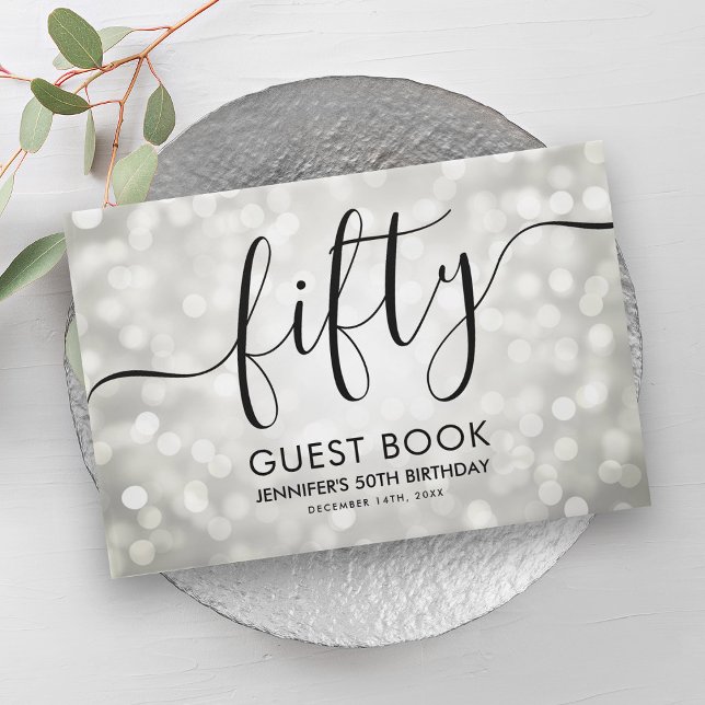 Livro De Visitas Modern Silver Glitter Luz 50º Aniversário (Modern Silver Glitter Lights 50th Birthday Guest Book)