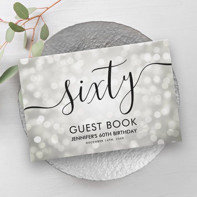 Livro De Visitas Modern Silver Glitter Luz 60º Aniversário (Modern Silver Glitter Lights 60th Birthday Guest Book)