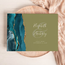 Modern Teal Agate Gold Script Olive Green