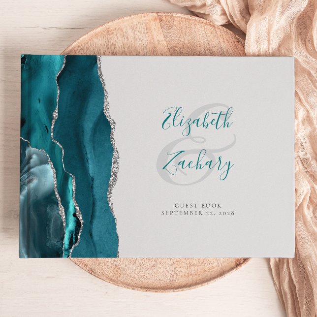 Livro De Visitas Modern Teal Blue Agate Silver Script Gray (Criador carregado)
