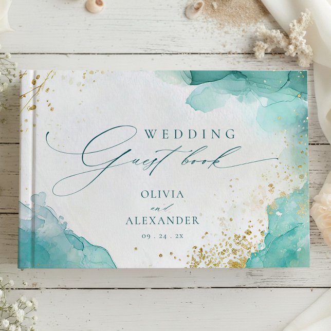 Livro De Visitas Modern Teal Gold Abstract Beach Wedding (Criador carregado)