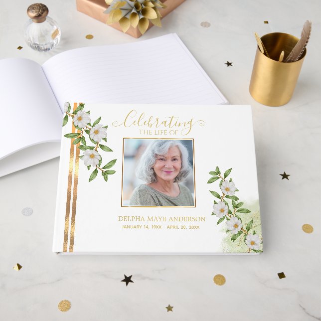 Livro De Visitas Modern White and Gold Floral Celebration of Life (Frente aberta)