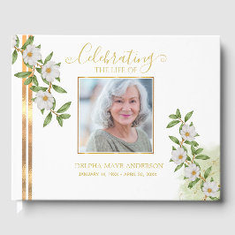 Livro De Visitas Modern White and Gold Floral Celebration of Life