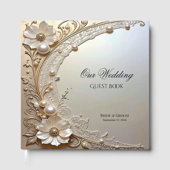 Livro De Visitas Modern White Flowers Pearls Guest Book (Frente)