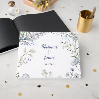 Livro De Visitas Moldura de Flor Silvestre Azul Aquarela