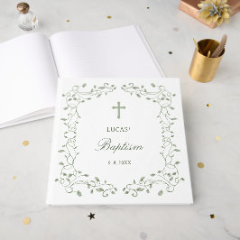 Livro De Visitas Moldura de Folhagem Verde Sage Batismo