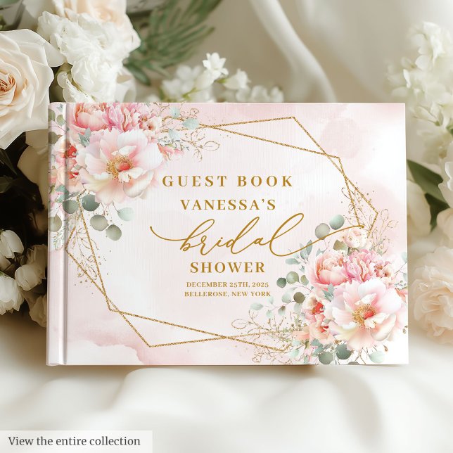 Livro De Visitas Moldura Floral Dourada Rosa Boho Moderna Chá de No (Modern Blush Gold Floral Frame Bridal Shower Guest Book)