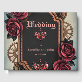 Livro De Visitas Moldura Steampunk com Rosas vermelhas e engrenagen