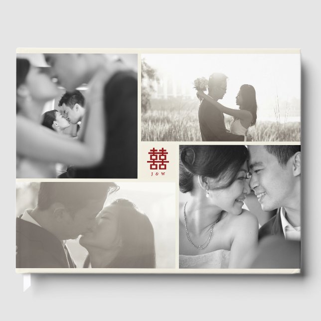 Livro De Visitas Monograma 4 Foto Colagem Moderna Casamento Chinês (Frente)