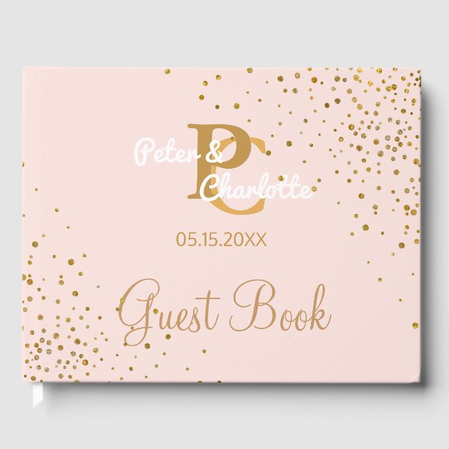 Livro De Visitas Monograma Chic | Casamento de Confetti Dourado Ros (Frente)