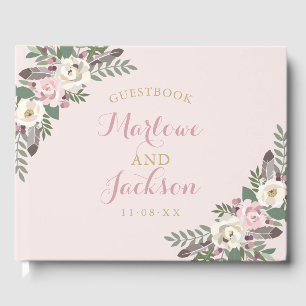 Livro De Visitas Monograma de casamento cor-de-rosa Boho Floral Fea