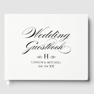 Livro De Visitas Monograma de Casamento de Caligrafia Branca Elegan