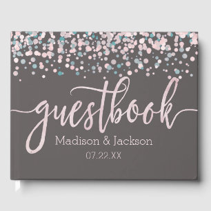 Livro De Visitas Monograma de Casamento de Confetti, Cor de Água Ro