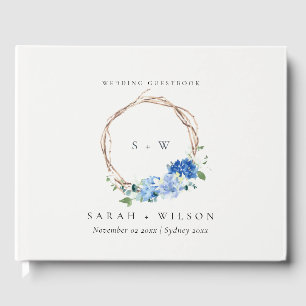 Livro De Visitas Monograma de Casamento de Madeira Floral Azul Livr