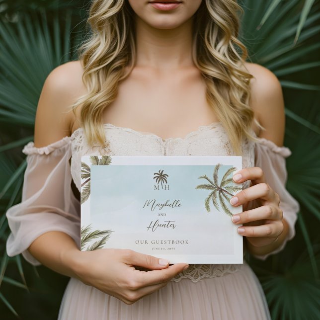 Livro De Visitas Monograma de Casamento de Palmeiras Tropicais (Tropical Watercolor Palm Trees Wedding Monogram Guest Book)