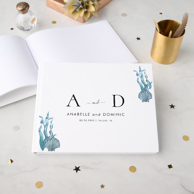 Livro De Visitas Monograma de Casamento de Seashell Azul Costeiro N (Frente aberta)