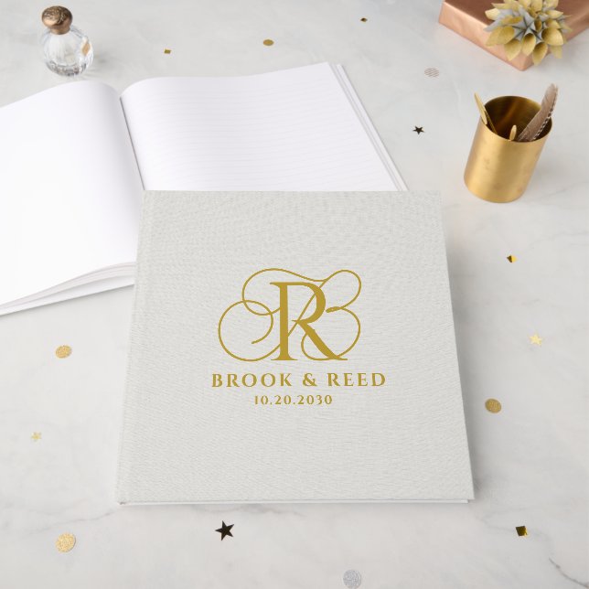 Livro De Visitas Monograma de Casamento Elegante a Ouro (Frente aberta)