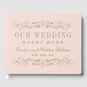 Livro De Visitas Monograma de casamento elegante com rosado e doura