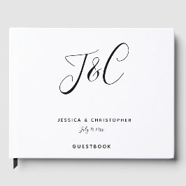 Livro De Visitas Monograma de Casamento Elegante Moderno Preto Bran