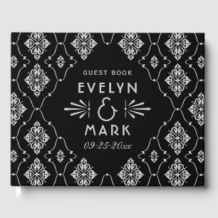 Livro De Visitas Monograma de Casamento em Deco de Arte Negra e Pra