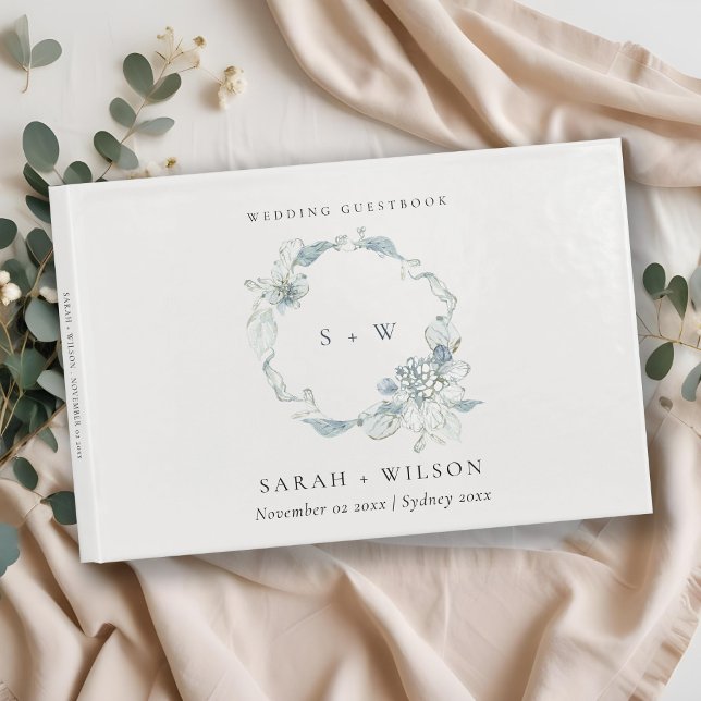 Livro De Visitas Monograma de Casamento Floral Azul Pastel Dusky (Criador carregado)