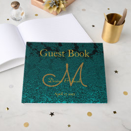 Livro De Visitas Monograma de casamento floral dourado em azul-teal