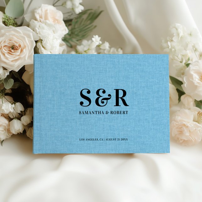 Livro De Visitas Monograma de Casamento Linen Azul Claro (Criador carregado)