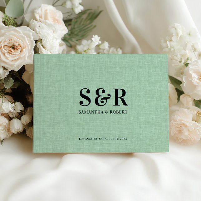 Livro De Visitas Monograma de Casamento Linen Verde Claro (Criador carregado)