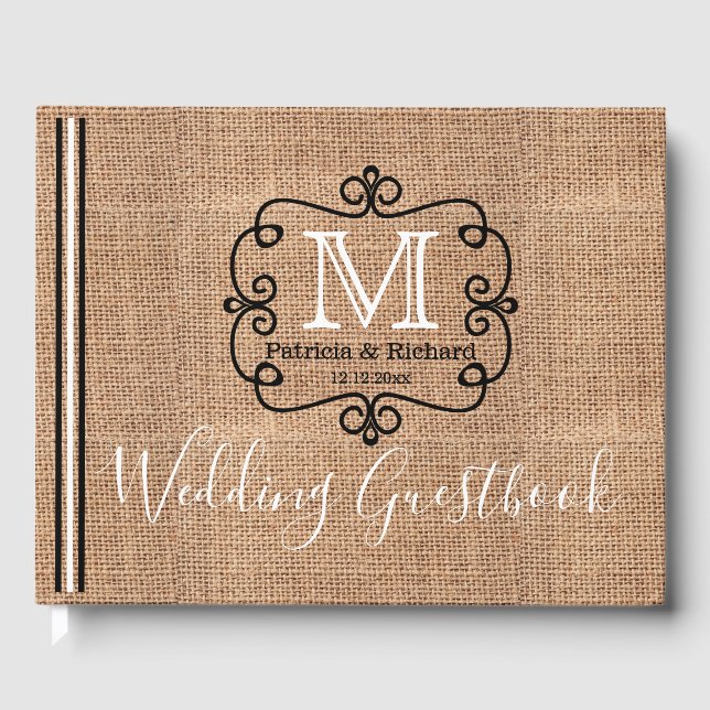 Livro De Visitas Monograma de Casamento Rustic Burlap Country (Frente)