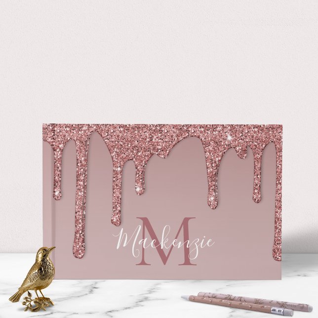Livro De Visitas Monograma de Glitter Glitter de Glitter de Grelha  (Rose Gold Sparkle Glam Glitter Drips Monogram Guest Book)