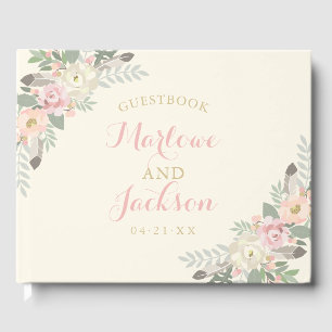 Livro De Visitas Monograma de Noiva Marfim com Floral Boho e Pena
