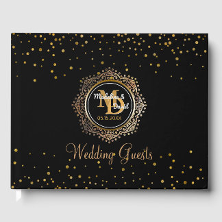 Livro De Visitas Monograma Elegante | Casamento Dourado de Confetti