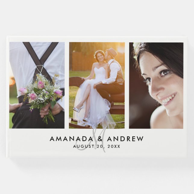 Livro De Visitas Monograma Moderno Simples Elegante 3 Fotos Casamen (Frente)