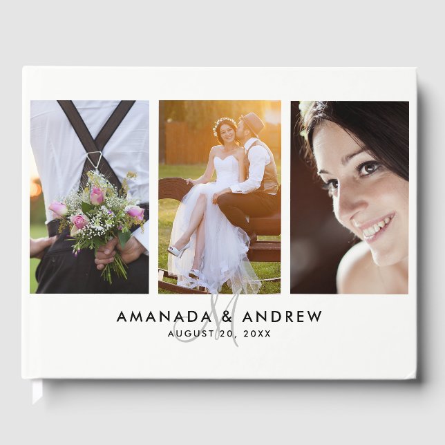 Livro De Visitas Monograma Moderno Simples Elegante 3 Fotos Casamen (Frente)