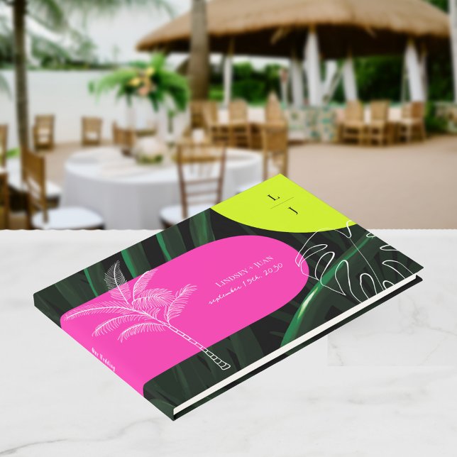 Livro De Visitas Monograma Neon Arches Tropicais de Casamento (Criador carregado)