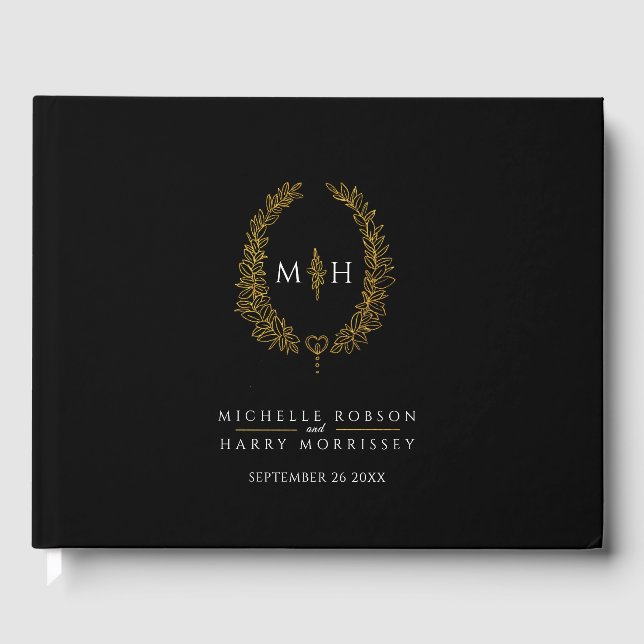 Livro De Visitas Monograma oval deixa coração casamento branco pret (Frente)